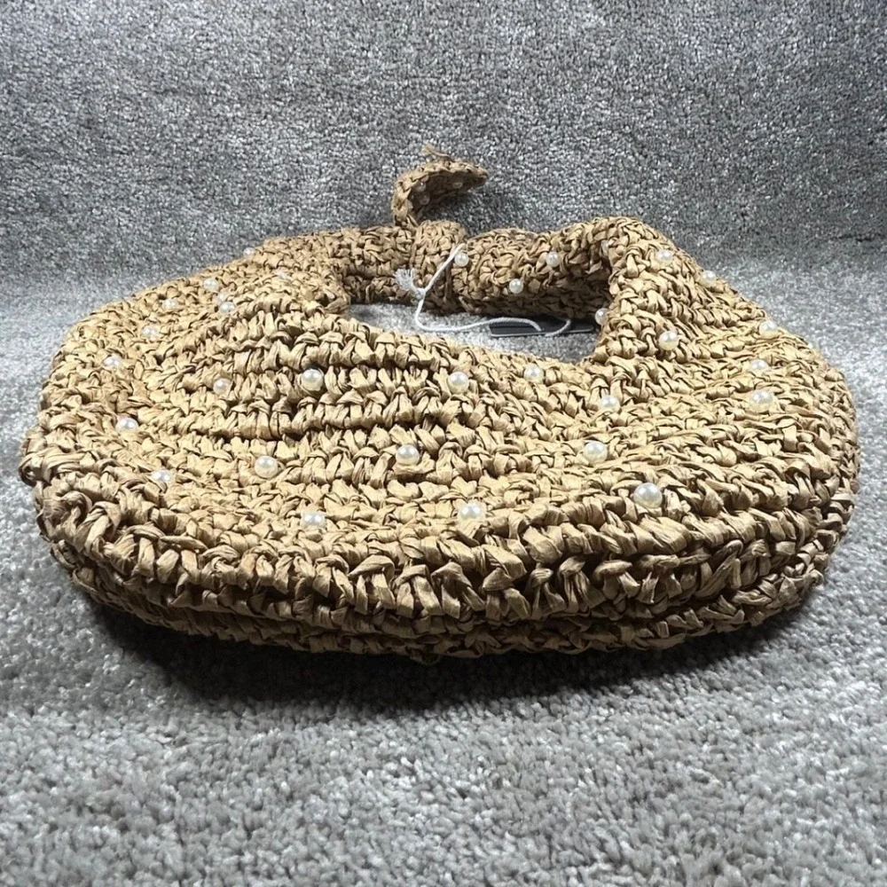 Haute Hippie Hobo Bag Tan Faux Pearl Straw Knotted Handle Women Purse